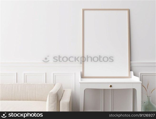 Empty vertical picture frame standing on console in modern living room. Mock up interior in contemporary style. Free, copy space for picture. Glass vase with dried grass. 3D rendering. Empty vertical picture frame standing on console in modern living room. Mock up interior in contemporary style. Free, copy space for picture. Glass vase with dried grass. 3D rendering.