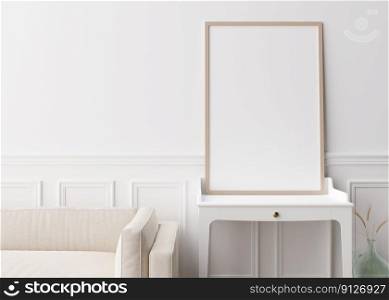 Empty vertical picture frame standing on console in modern living room. Mock up interior in contemporary style. Free, copy space for picture. Glass vase with dried grass. 3D rendering. Empty vertical picture frame standing on console in modern living room. Mock up interior in contemporary style. Free, copy space for picture. Glass vase with dried grass. 3D rendering.