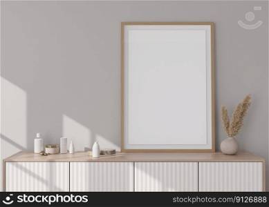 Empty vertical picture frame standing on console in modern room. Mock up interior in contemporary style. Free, copy space for picture. P&as grass in vase. 3D rendering. Empty vertical picture frame standing on console in modern room. Mock up interior in contemporary style. Free, copy space for picture. P&as grass in vase. 3D rendering.