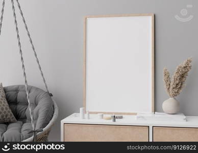 Empty vertical picture frame standing on console in modern room. Mock up interior in contemporary style. Free, copy space for picture. P&as grass in vase, hanging armchair. 3D rendering. Empty vertical picture frame standing on console in modern room. Mock up interior in contemporary style. Free, copy space for picture. P&as grass in vase, hanging armchair. 3D rendering.