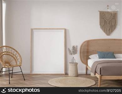 Empty vertical picture frame standing on parquet floor in modern bedroom. Mock up interior in boho style. Free space for picture or poster. Bed, macrame, rattan armchair, p&as grass. 3D rendering. Empty vertical picture frame standing on parquet floor in modern bedroom. Mock up interior in boho style. Free space for picture or poster. Bed, macrame, rattan armchair, p&as grass. 3D rendering.