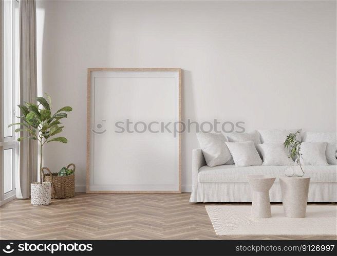 Empty vertical picture frame standing on parquet floor in modern living room. Mock up interior in scandinavian style. Free, copy space for picture. Sofa, plants. 3D rendering. Empty vertical picture frame standing on parquet floor in modern living room. Mock up interior in scandinavian style. Free, copy space for picture. Sofa, plants. 3D rendering.