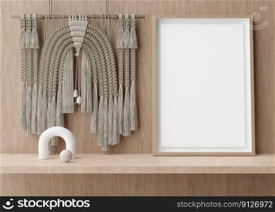 Empty vertical picture frame standing on shelve in modern room. Mock up interior in contemporary, boho style. Free, copy space for picture. Sculpture, macrame. 3D rendering. Empty vertical picture frame standing on shelve in modern room. Mock up interior in contemporary, boho style. Free, copy space for picture. Sculpture, macrame. 3D rendering.