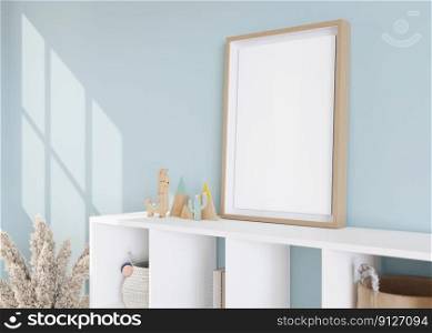 Empty vertical picture frame standing on sideboard in modern child room. Frame mock up in contemporary style. Free, copy space for picture, poster. Toys, pampas grass. Close up view. 3D rendering. Empty vertical picture frame standing on sideboard in modern child room. Frame mock up in contemporary style. Free, copy space for picture, poster. Toys, pampas grass. Close up view. 3D rendering.
