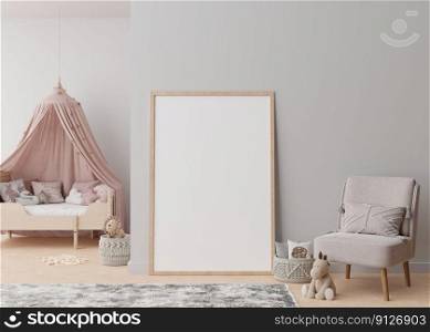 Empty vertical picture frame standing on the floor in modern child room. Mock-up interior in scandinavian style. Free, copy space for your picture. Bed, rattan basket. Cozy room for kids. 3D rendering. Empty vertical picture frame standing on the floor in modern child room. Mock up interior in scandinavian style. Free, copy space for your picture. Bed, rattan basket. Cozy room for kids. 3D rendering