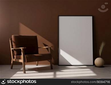 Empty vertical picture frame standing on the floor in modern living room. Mock up interior in contemporary style. Free space for picture, poster. Brown armchair, vase with p&as grass. 3D rendering. Empty vertical picture frame standing on the floor in modern living room. Mock up interior in contemporary style. Free space for picture, poster. Brown armchair, vase with p&as grass. 3D rendering.