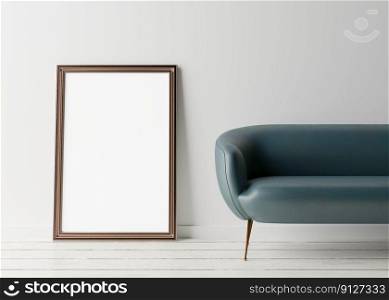 Empty vertical picture frame standing on the floor, with white wall and blue leather couch. Mock up interior in minimalist style. Free space, copy space for your picture or text. 3D rendering. Empty vertical picture frame standing on the floor, with white wall and blue leather couch. Mock up interior in minimalist style. Free space, copy space for your picture or text. 3D rendering.