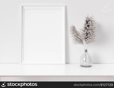 Empty vertical picture frame standing on white shelf. Frame mock up. Copy space for picture, poster. Template for your artwork. Close up view. P&as grass in vase. 3D rendering. Empty vertical picture frame standing on white shelf. Frame mock up. Copy space for picture, poster. Template for your artwork. Close up view. P&as grass in vase. 3D rendering.