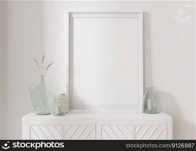 Empty vertical picture frame standing on white sideboard. Mock up interior in contemporary style. Free, copy space for picture, poster. Console, vase with dried plants. Close up. 3D rendering. Empty vertical picture frame standing on white sideboard. Mock up interior in contemporary style. Free, copy space for picture, poster. Console, vase with dried plants. Close up. 3D rendering.
