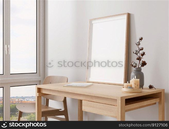 Empty vertical picture frame standing on wooden desk in modern room. Mock up interior in contemporary style. Free, copy space for your picture. Vase with cotton plant, candle, chair. 3D rendering. Empty vertical picture frame standing on wooden desk in modern room. Mock up interior in contemporary style. Free, copy space for your picture. Vase with cotton plant, candle, chair. 3D rendering.