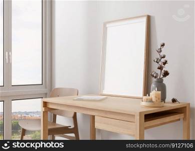 Empty vertical picture frame standing on wooden desk in modern room. Mock up interior in contemporary style. Free, copy space for your picture. Vase with cotton plant, candle, chair. 3D rendering. Empty vertical picture frame standing on wooden desk in modern room. Mock up interior in contemporary style. Free, copy space for your picture. Vase with cotton plant, candle, chair. 3D rendering.