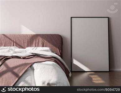 Empty vertical picture frame standing on wooden floor in modern bedroom. Mock up interior in minimalist, contemporary style. Free space for picture or poster. Bed, sunlight. 3D rendering. Empty vertical picture frame standing on wooden floor in modern bedroom. Mock up interior in minimalist, contemporary style. Free space for picture or poster. Bed, sunlight. 3D rendering.