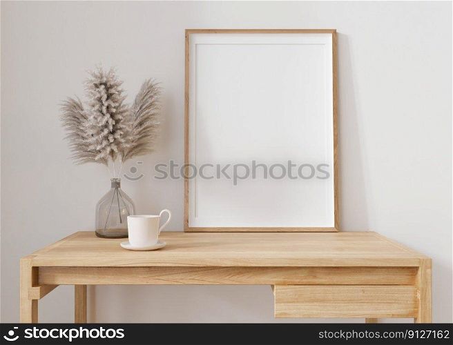 Empty vertical picture frame standing on wooden table in modern living room. Mock up interior in minimalist, contemporary style. Free, copy space for your picture. Vase, p&as grass. 3D rendering. Empty vertical picture frame standing on wooden table in modern living room. Mock up interior in minimalist, contemporary style. Free, copy space for your picture. Vase, p&as grass. 3D rendering.
