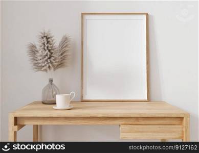 Empty vertical picture frame standing on wooden table in modern living room. Mock up interior in minimalist, contemporary style. Free, copy space for your picture. Vase, p&as grass. 3D rendering. Empty vertical picture frame standing on wooden table in modern living room. Mock up interior in minimalist, contemporary style. Free, copy space for your picture. Vase, p&as grass. 3D rendering.