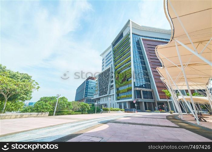 Empty walkway with exterior of a modern office building , panoramic and perspective view. modern architect design .