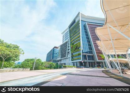 Empty walkway with exterior of a modern office building , panoramic and perspective view. modern architect design .