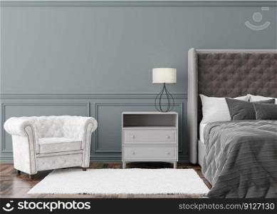 Empty wall in modern bedroom. Mock up interior in classic style. Copy space for your picture, poster. Template for artwork. Bed, armchair, carpet, wall molding. 3D rendering. Empty wall in modern bedroom. Mock up interior in classic style. Copy space for your picture, poster. Template for artwork. Bed, armchair, carpet, wall molding. 3D rendering.