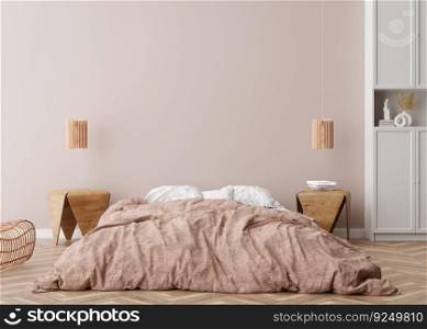 Empty wall in modern bedroom. Mock up interior in scandinavian, boho style. Empty, copy space for your picture, poster, artwork. Bed, rattan armchair. 3D rendering. Empty wall in modern bedroom. Mock up interior in scandinavian, boho style. Empty, copy space for your picture, poster, artwork. Bed, rattan armchair. 3D rendering.