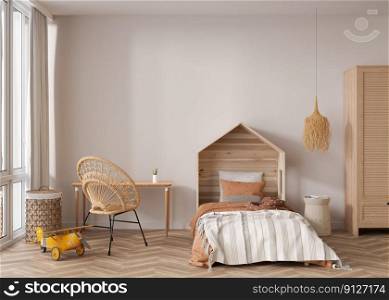 Empty wall in modern child room. Mock up interior in boho style. Free, copy space for your picture or poster. Bed, rattan chair, toys. Cozy room for kids. 3D rendering. Empty wall in modern child room. Mock up interior in boho style. Free, copy space for your picture or poster. Bed, rattan chair, toys. Cozy room for kids. 3D rendering.