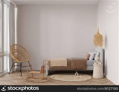 Empty wall in modern child room. Mock up interior in boho style. Free, copy space for your picture or poster. Bed, rattan chair, carpet, toys. Cozy room for kids. 3D rendering. Empty wall in modern child room. Mock up interior in boho style. Free, copy space for your picture or poster. Bed, rattan chair, carpet, toys. Cozy room for kids. 3D rendering.