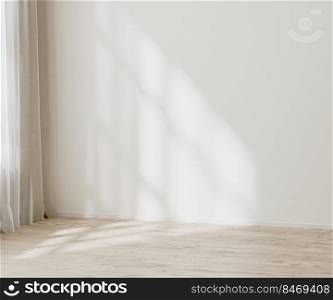 empty wall mock up, empty room with white wall with sunlight and shadows near window, wooden floor, 3d illustration