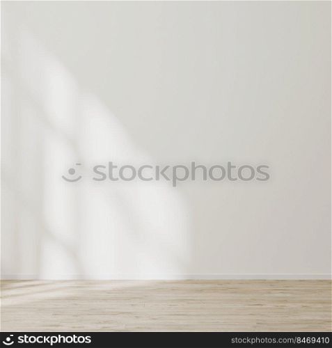 empty wall mock up, empty room with white wall with sunlight and shadows, wooden floor, 3d illustration