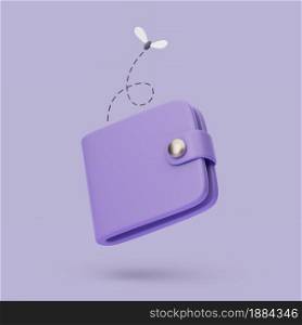Empty wallet icon with fly. 3d simple render illustration on pastel background. Isolated object with soft shadows. Empty wallet icon with fly. 3d simple render illustration on pastel background.
