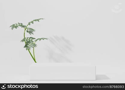 Empty whaite podium Blank product shelf standing backdrop. 3D rendering.