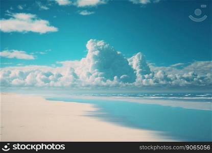 Empty white beach with a bright blue sky. Idyllic tropical seascape. Paradise beach. Generative AI.. Empty white beach with a bright blue sky. Idyllic tropical seascape. Paradise beach. Generative AI