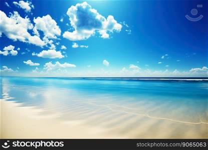 Empty white beach with a bright blue sky. Idyllic tropical seascape. Paradise beach. Generative AI.. Empty white beach with a bright blue sky. Idyllic tropical seascape. Paradise beach. Generative AI