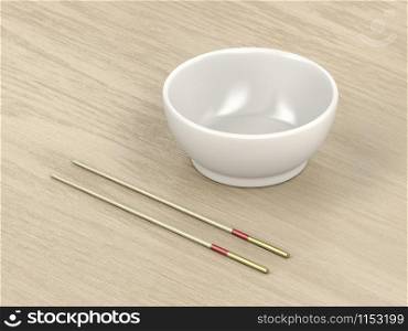 Empty white bowl and wooden chopsticks on the table
