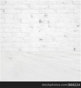 Empty white brick wall and white marble floor, room, background, banner, interior design, product display montage, mock up background