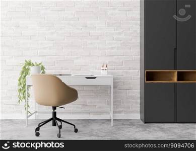 Empty white brick wall in modern living room. Mock up interior in contemporary style. Free space, copy space for your picture, text, or another design. Desk, chair, indoor plant. 3D rendering. Empty white brick wall in modern living room. Mock up interior in contemporary style. Free space, copy space for your picture, text, or another design. Desk, chair, indoor plant. 3D rendering.