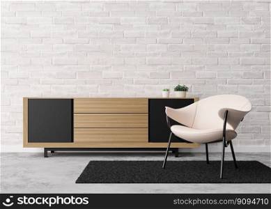 Empty white brick wall in modern living room. Mock up interior in contemporary style. Free space, copy space for your picture, text, or another design. Console, armchair. 3D rendering. Empty white brick wall in modern living room. Mock up interior in contemporary style. Free space, copy space for your picture, text, or another design. Console, armchair. 3D rendering.