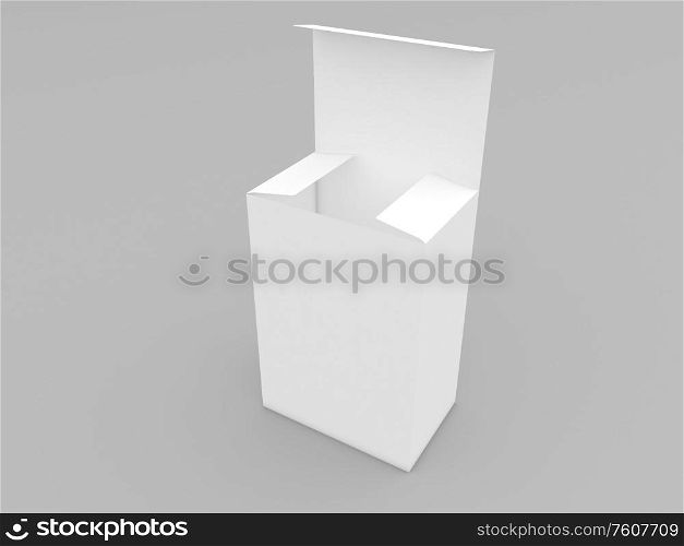 Empty white cardboard box for products on a gray background. 3d render illustration.. Empty white cardboard box for products on a gray background.