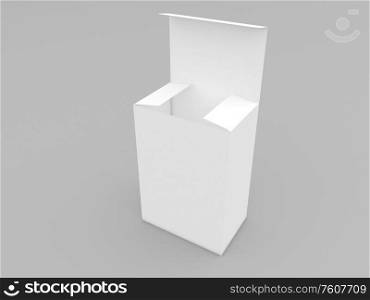 Empty white cardboard box for products on a gray background. 3d render illustration.. Empty white cardboard box for products on a gray background.