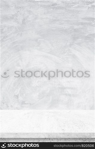 Empty white cement table over gray cement wall background, banner, table top, shelf, counter design for product display montage