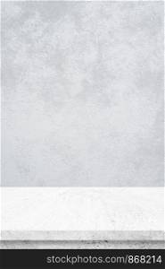 Empty white cement table over gray cement wall background, banner, table top, shelf, counter design for product display montage