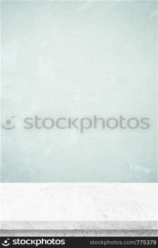 Empty white cement table over green cement wall background, banner, table top, shelf, counter design for product display montage