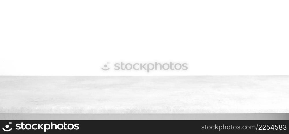 Empty white cement table over white cement concrete wall background, banner, table top, shelf, counter design for product display montage