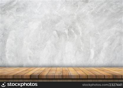 Empty white concrete wall background and wood table with copy space