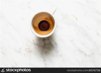 Empty white cup after espresso. Empty white cup after espresso coffee, fast drinking