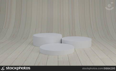 Empty white cylinder step podium mockup on wooden studio room, 3D render illustration 