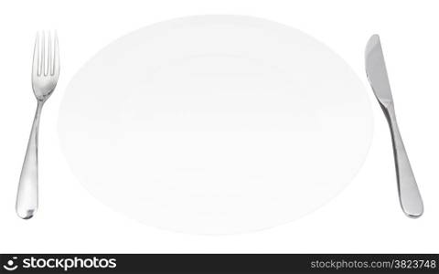 empty white flat plate with fork and knife set isolated on white background