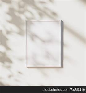 empty white frame mock up with leaves shadows and sunlight on white wall background, 3d rendering