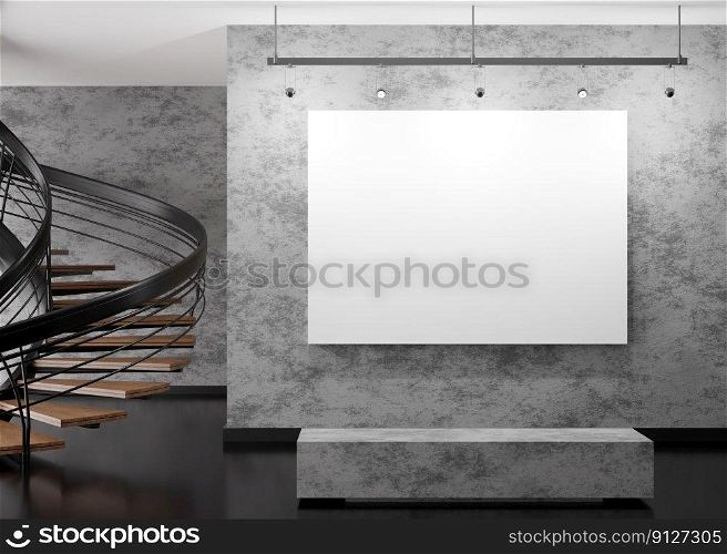 Empty white horizontal canvas on concrete wall in modern art gallery. Mock up interior in contemporary style. Free, copy space for your picture. Exhibition space. 3D rendering. Empty white horizontal canvas on concrete wall in modern art gallery. Mock up interior in contemporary style. Free, copy space for your picture. Exhibition space. 3D rendering.