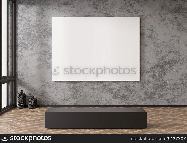 Empty white horizontal canvas on concrete wall in modern art gallery. Mock up interior in contemporary style. Free, copy space for your picture. Exhibition space. 3D rendering. Empty white horizontal canvas on concrete wall in modern art gallery. Mock up interior in contemporary style. Free, copy space for your picture. Exhibition space. 3D rendering.