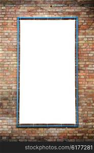 Empty white isolated billboard on the red brick wall