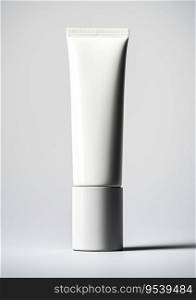 Empty White Label Tube on Grey Background: Concept of Beauty Cream Products