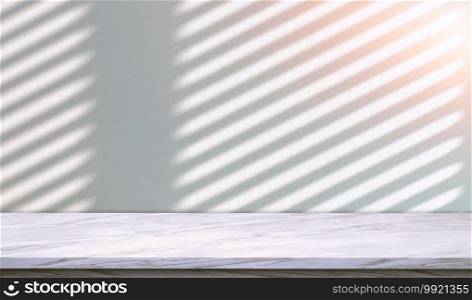 Empty white marble countertop with venetian blinds shadow on concrete wall room studio surface, Backdrop kitchen counter bar or top shelf background for product display presentation